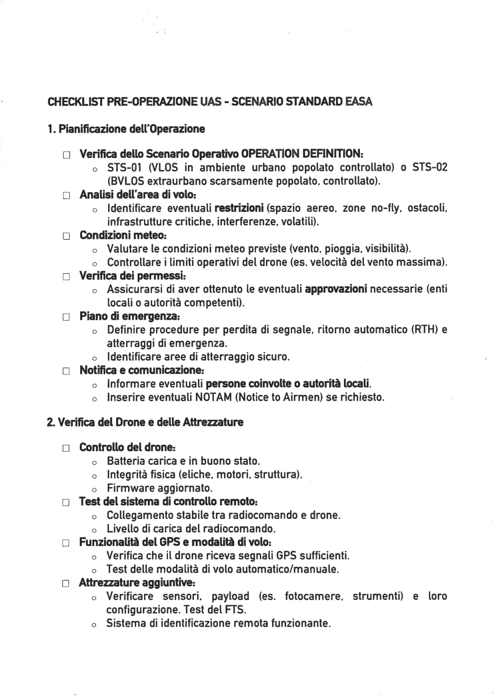 Prima pagina della checklist pre-operazione UAS per scenario standard EASA